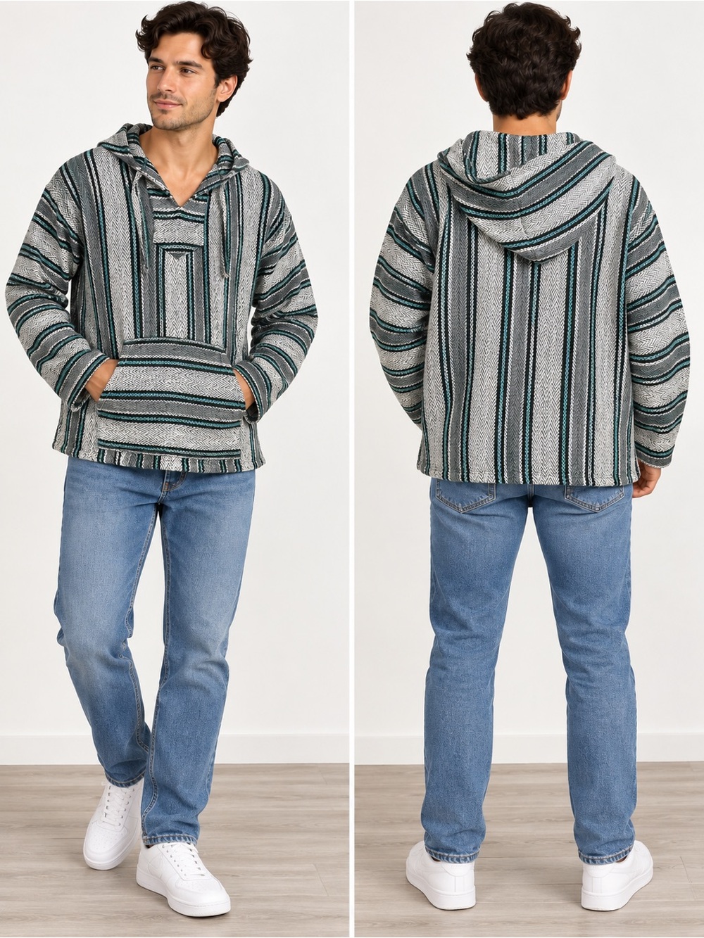 Miguel Geraldo Baja Hoodie Unisex XL Runs Small Gray Teal Striped Pullover